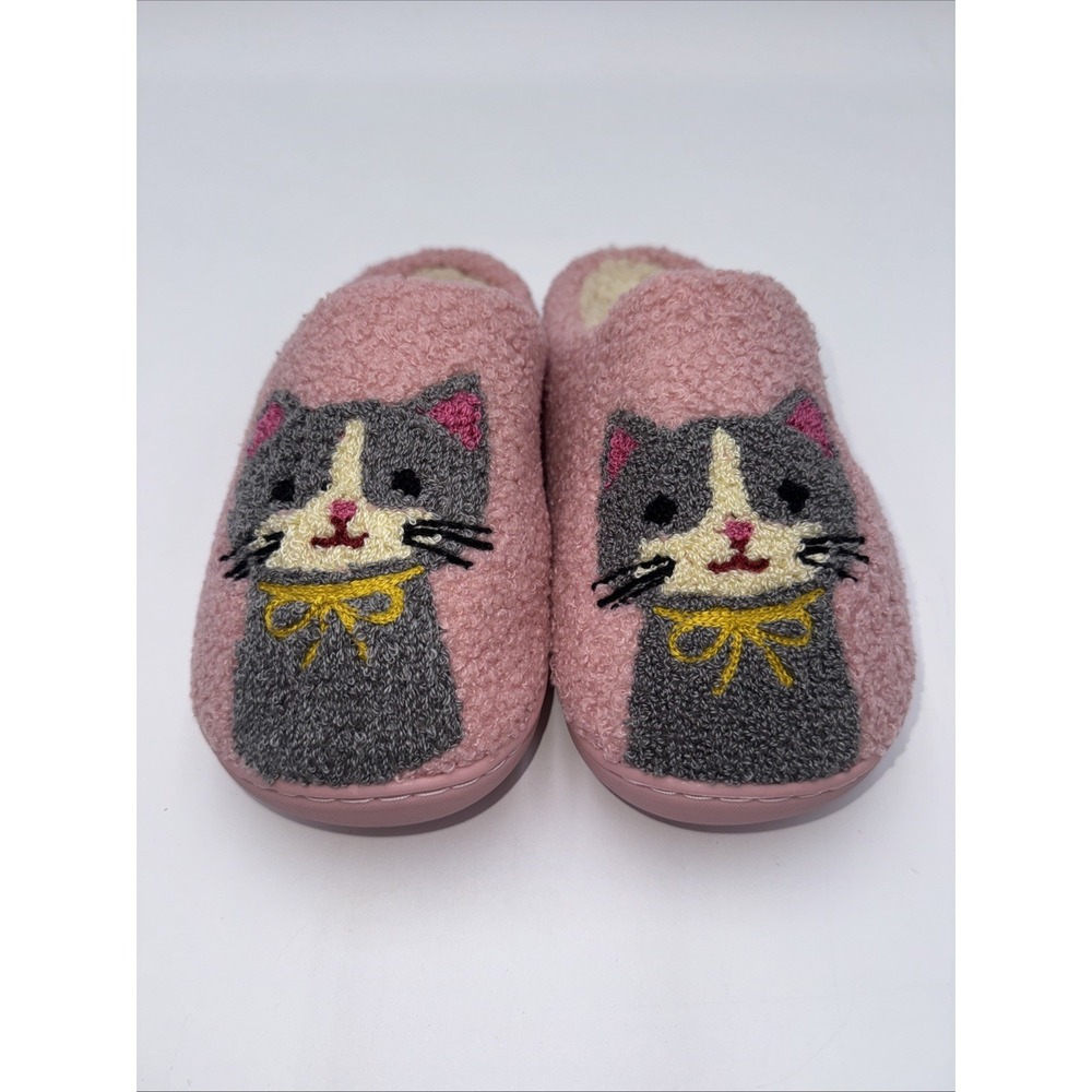 Natural Life Women's Gray Cat Pink Slippers cozy Embroidered Lined Size 7-8 M